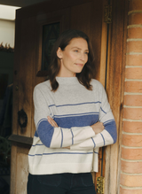 Striped Funnel Neck Cashmere Jumper - Denim Marl