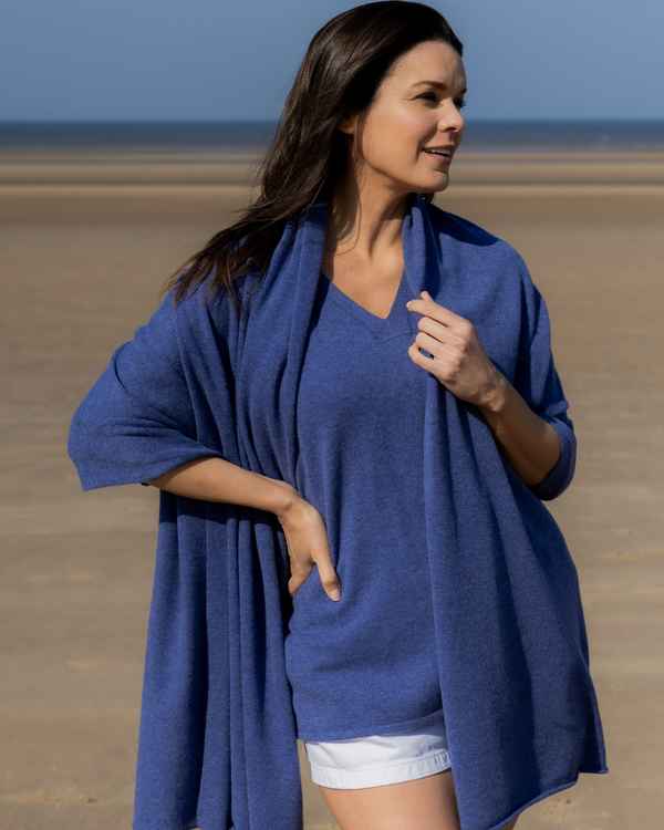 Short Sleeve Cashmere Kimono - Denim Marl