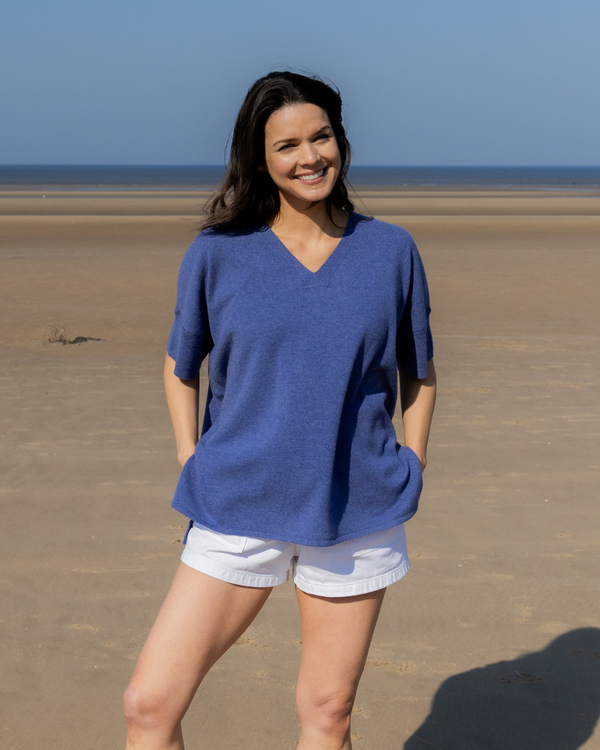 Short Sleeve Cashmere Kimono - Denim Marl