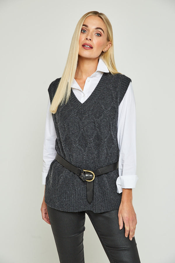 Cable Knit Cashmere Vest - Charcoal