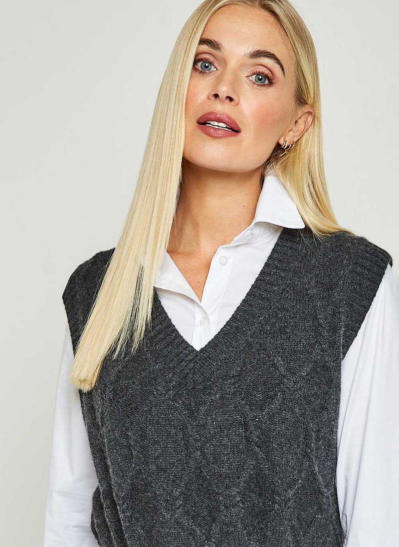 Cable Knit Cashmere Vest Charcoal Cashmere Cotton