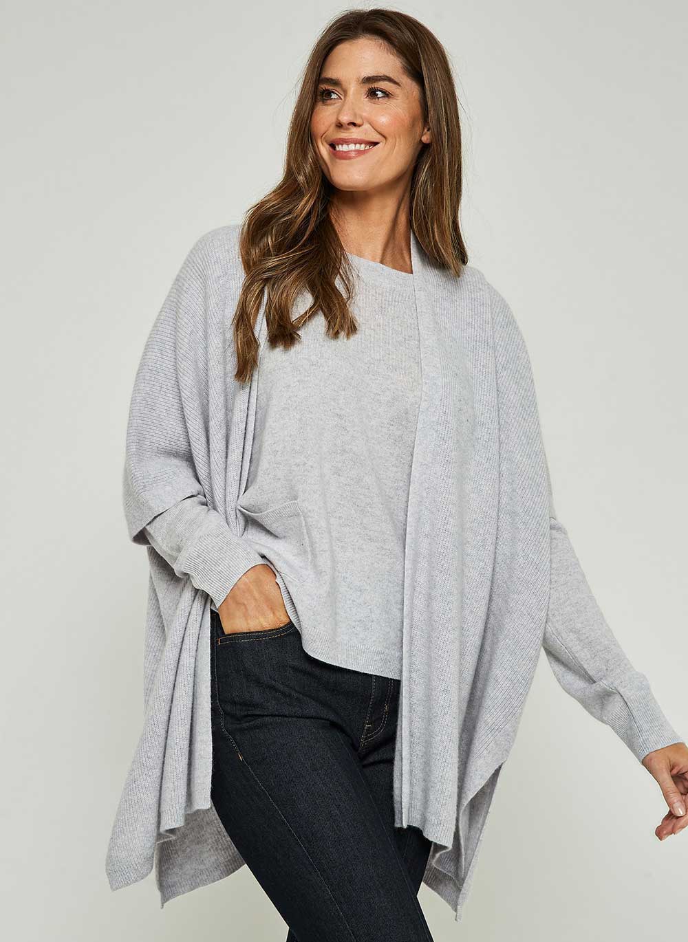 Kimono Rib Cashmere Cardigan Glass Grey Cashmere Cotton